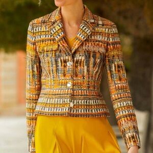 1,095 PER SE by CARLISLE LETIZIA Luxury Tweed Blazer Jacket Golden Spicy 10
